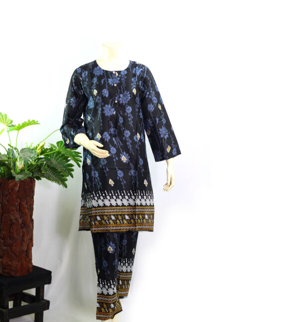 Lawn Dress For Girls - Floral Printed 2 PC Stitched Shirt & Trouser - Black Colour