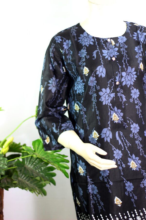 Lawn Dress For Girls - Floral Printed 2 PC Stitched Shirt & Trouser - Black Colour - Image 2