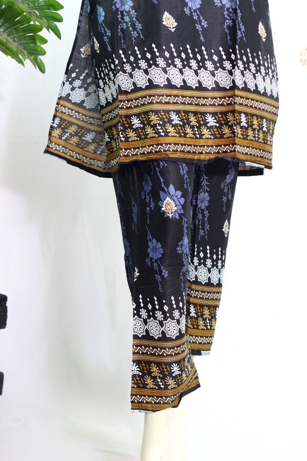 Lawn Dress For Girls - Floral Printed 2 PC Stitched Shirt & Trouser - Black Colour - Image 3