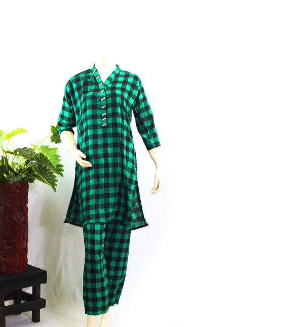 Boski Linen Dress- 2 PC Stitched Shirt & Trouser - Green Colour