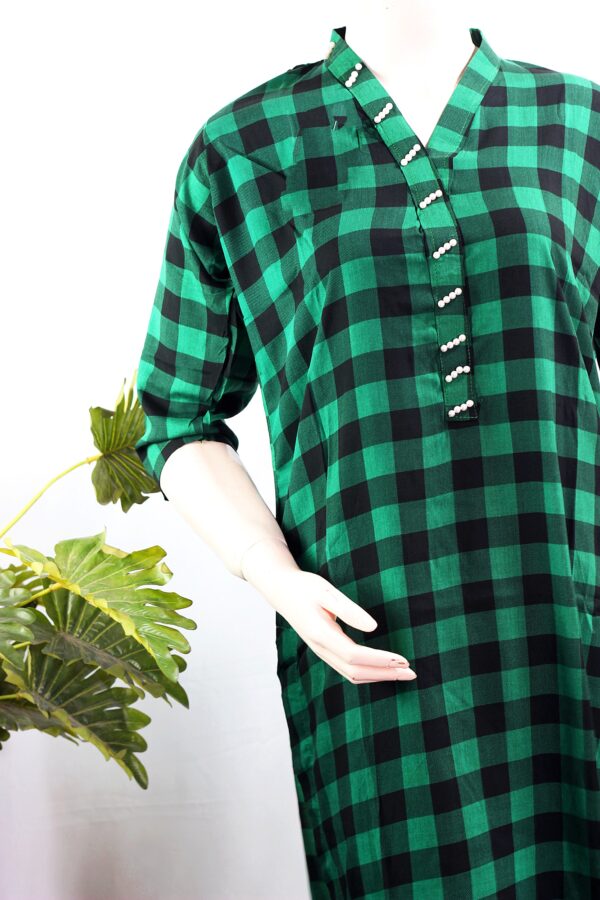 Boski Linen Dress- 2 PC Stitched Shirt & Trouser - Green Colour - Image 2