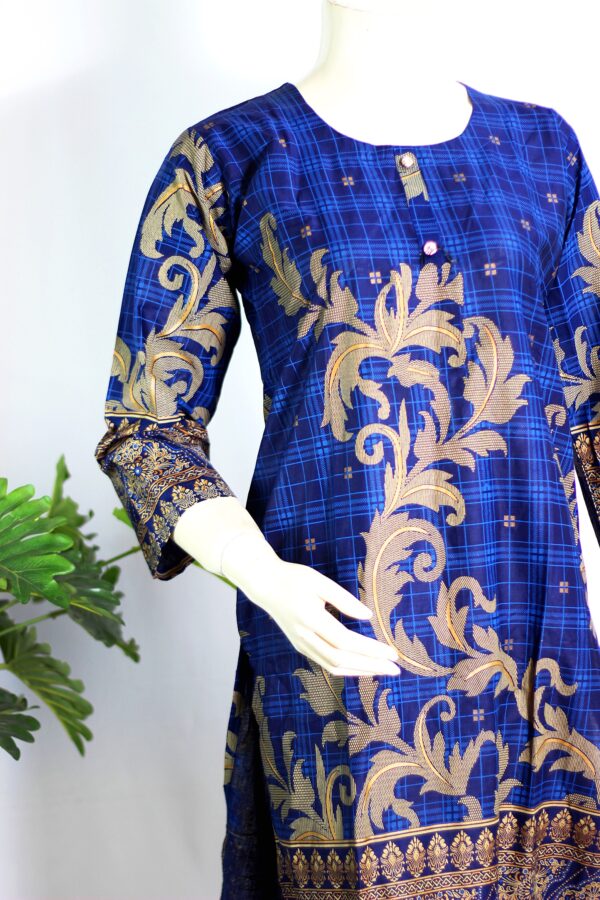 Lawn Dress For Girls - Printed 2 PC Stitched Shirt & Trouser - Navy Blue Colour - Image 2