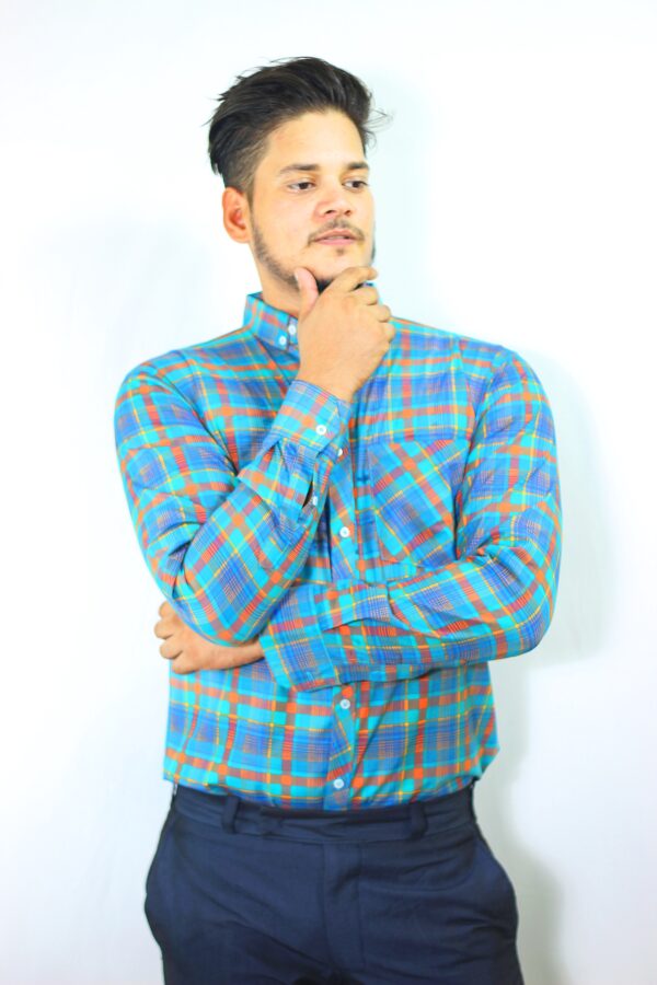 Mens Semi-Formal Cotton Check Shirt Sea Green Colour - Image 2