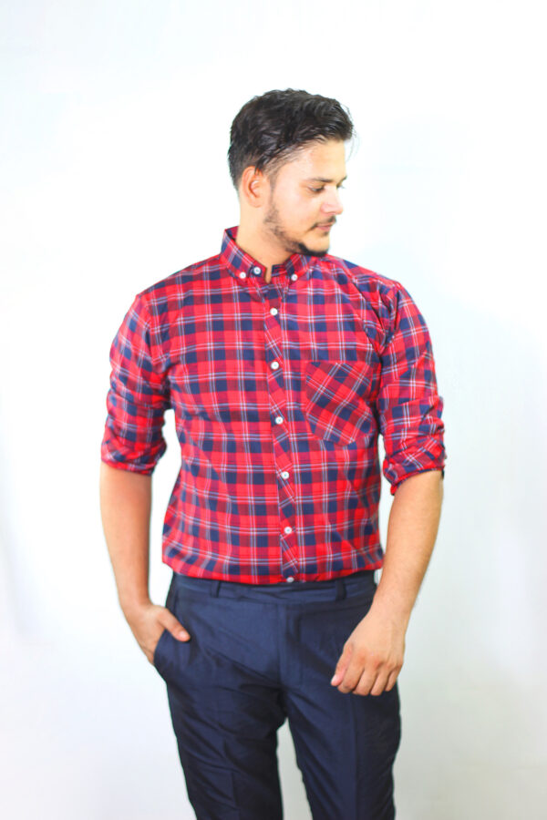 Mens Semi-Formal Cotton Check Shirt Wine Red Colour - Image 2