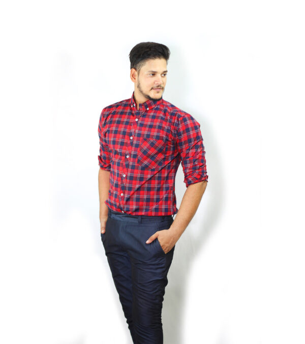 Mens Semi-Formal Cotton Check Shirt Wine Red Colour