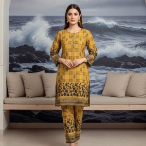 Lawn Dress - Checkered 2 PC Stitched Shirt & Trouser - Beige
