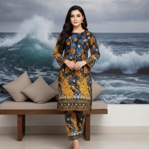 Lawn Dress - Floral Printed 2 PC Stitched Shirt & Trouser - Black Colour