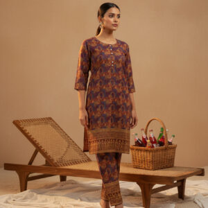 Lawn Dress - Block Print 2 PC Stitched Shirt & Trouser - Maroon Colour