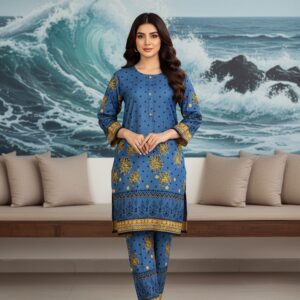 Lawn Dress - Polka Dot 2 PC Stitched Shirt & Trouser - Blue