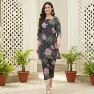 Boski Linen Dress - 2 PC Stitched Shirt & Trouser - Grey Colour