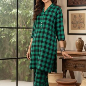 Boski Linen Dress- 2 PC Stitched Shirt & Trouser - Green Colour