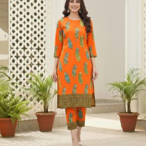 Lawn Dress - Leaf Printed 2 PC Stitched Shirt & Trouser - Orange Colour