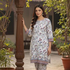 Boski Linen Dress - 2 PC Stitched Shirt & Trouser - White Colour