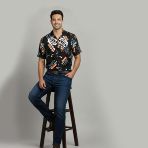 Mens Cuban Collar Boski Linen Half Sleeves Printed Shirt Black Colour