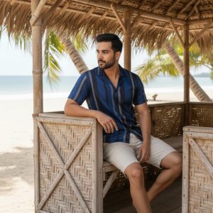 Boski Linen Summer Half Sleeves Cuban Collar Stripe Shirt