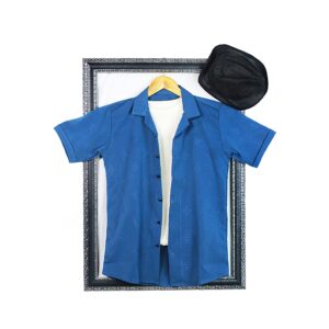 Power Stretchable Summer Half Sleeves Cuban Collar Embossed Shirt Blue
