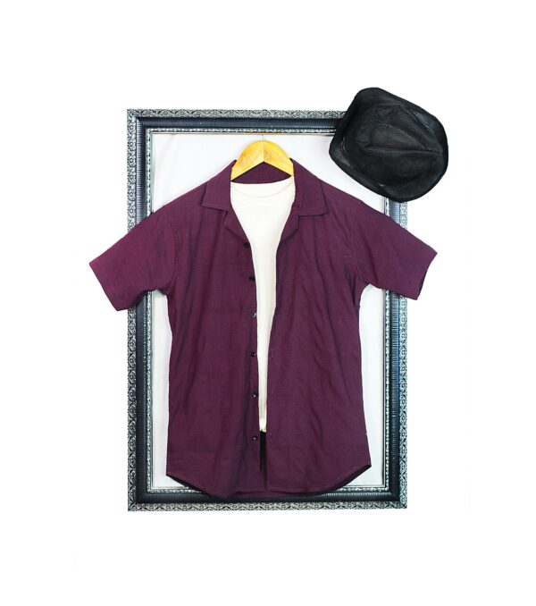 Power Stretchable Summer Half Sleeves Cuban Collar Embossed Shirt Purple