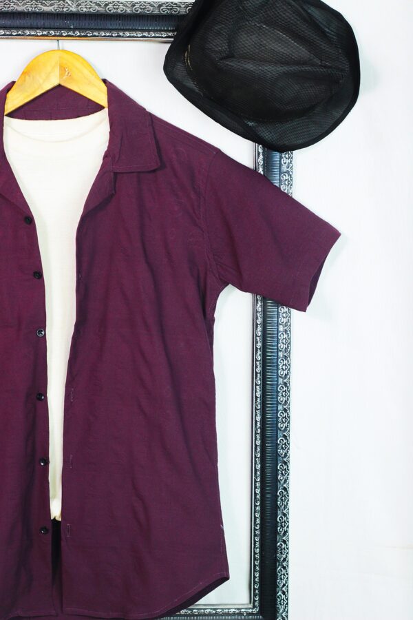 Power Stretchable Summer Half Sleeves Cuban Collar Embossed Shirt Purple - Image 2