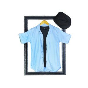 Power Stretchable Summer Half Sleeves Cuban Collar Embossed Shirt Sky Blue