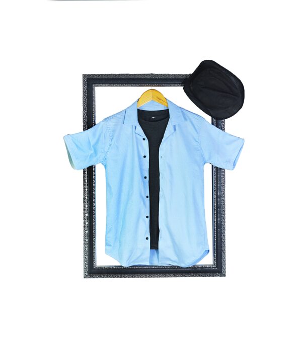 Power Stretchable Summer Half Sleeves Cuban Collar Embossed Shirt Sky Blue