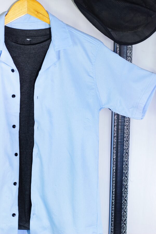 Power Stretchable Summer Half Sleeves Cuban Collar Embossed Shirt Sky Blue - Image 2