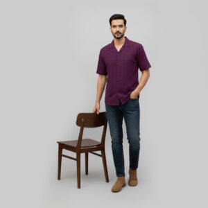 Power Stretchable Summer Half Sleeves Cuban Collar Embossed Shirt Purple